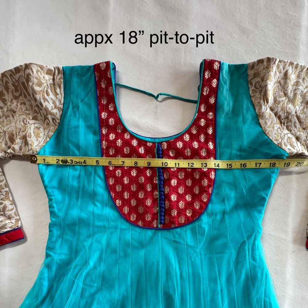 Turquoise Anarkali Pullover Dress with Red & Multicolor Embroidered Hem (Sm~Med) - Picture 7 of 17